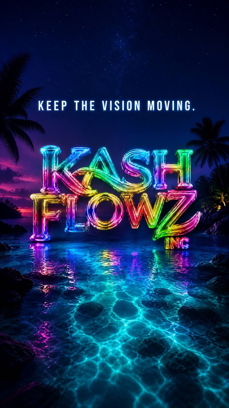 KASH FLOWZ liquid-glass neon logo reflected in clear tropical blue water